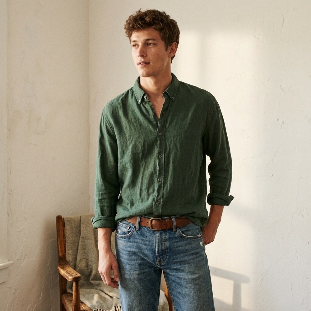 Abercrombie & Fitch Mens Linen Shirt Large Green Button Down Breathable Coastal